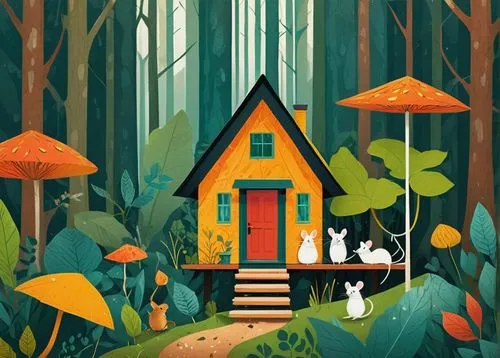 house in the forest,little house,summer cottage,small cabin,treehouse,cottage,small house,fairy house,bird house,cabin,mushroom landscape,birdhouses,tree house,home landscape,lonely house,cartoon forest,witch's house,house painting,forest animals,log cabin,Illustration,Vector,Vector 08