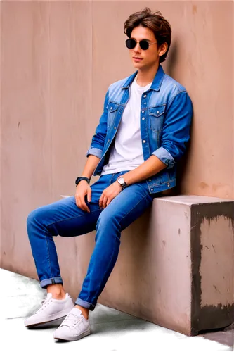 Walkman, retro music player, 80s style, young man, casual wear, denim jacket, ripped jeans, white sneakers, messy brown hair, sunglasses, relaxed posture, listening to music, peaceful expression, warm