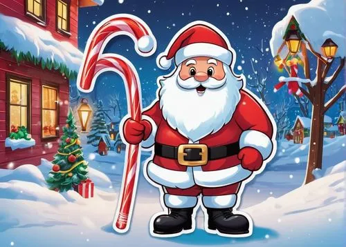 Big D Randy, muscular man, Santa Claus costume, red suit, white fur trim, black belt, shiny boots, holding a giant candy cane, festive holiday background, snowy trees, colorful lights, decorated prese