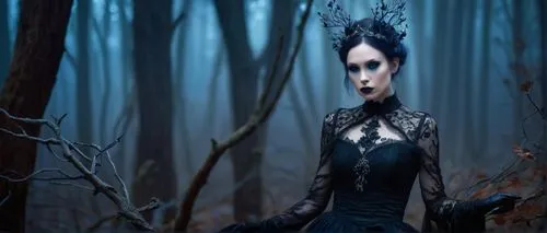 Dark fantasy fairy, mysterious, slender build, pale skin, intricate tattoos, dark eye makeup, sharp facial features, pointed ears, delicate fingers, black lace gloves, flowing black dress with tattere