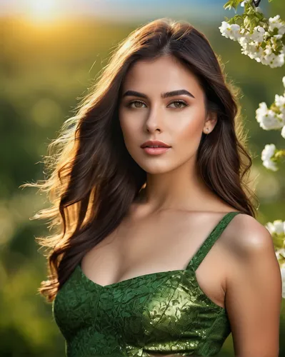 mujer joven, 25 años, atractiva, encantadora, desgastante, vestido bodycon, ajustado, suave, sofisticado, color verde, alta resolución, efecto de profundidad de campo, bokeh, entorno al aire libre, pu