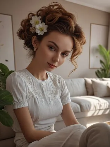 beautiful girl with flowers,romantic look,girl in flowers,romantic portrait,relaxed young girl,margairaz,elizaveta,vintage floral,polina,daisy flowers,white clothing,updo,girl in white dress,floral,li