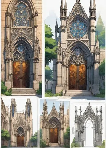 Intricate Gothic architecture, grand cathedral, stunning stained glass windows, ornate stone carvings, towering spires, intricate gargoyles, majestic entrance doors, rusted iron gates, cobblestone pav