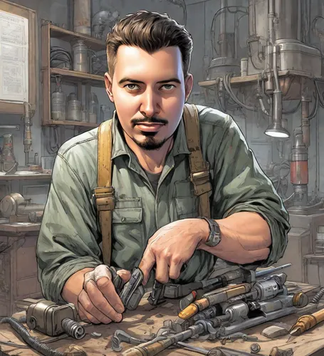 mechanic,blacksmith,gunsmith,bicycle mechanic,tinsmith,repairman,craftsman,car mechanic,technician,auto mechanic,handyman,watchmaker,tradesman,engineer,carpenter,metalsmith,game illustration,scrap dea