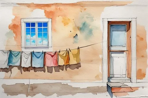 Open window, watercolor sketch,watercolor sketch of clothes on a rope near a window,laundresses,laundress,woman hanging clothes,washing line,clothes line,watercolor painting