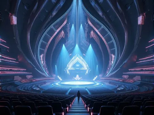 Futuristic auditorium, fusion architecture, grand entrance, sweeping curves, metallic materials, neon lights, holographic projections, circular stage, tiered seating, majestic chandeliers, intricate s