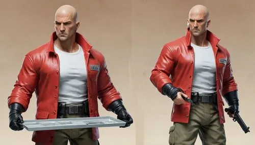 Bald Action Figure wearing a red jacket holding a weapon, Plastic Toy, Commercial display box, Grunge texture, realistic, studio lighting, Titled "Open Fire" Red and White color Scheme, ,baldacci,roma