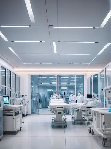 Modern hospital, coronavirus research center, futuristic architecture, sleek metal frames, large glass windows, white walls, minimal decor, sterile atmosphere, rows of computers, laboratory equipment,