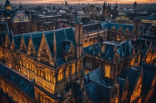 Victorian architecture, ornate details, intricate stonework, grandiose facades, pointed arches, ribbed vaults, steeply pitched roofs, asymmetrical compositions, turrets, towers, gargoyles, stained gla