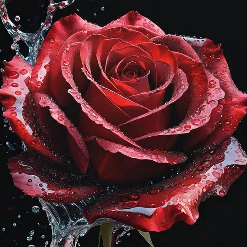 A stunning digital abstract masterpiece that captures the essence of a rose and water fusion. The rose, "Te Amo Dani Celeste," is composed of thousands of minuscule red and black glowing particles, sh