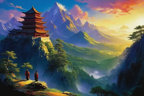 mountain scene,mountain landscape,mountainous landscape,landscape background,fantasy landscape,high landscape,mountain world,chinese clouds,high mountains,japanese mountains,chinese temple,mountain sunrise,mountain slope,mountains,himalaya,meteora,mount scenery,japan landscape,world digital painting,feng shui,Illustration,Realistic Fantasy,Realistic Fantasy 32