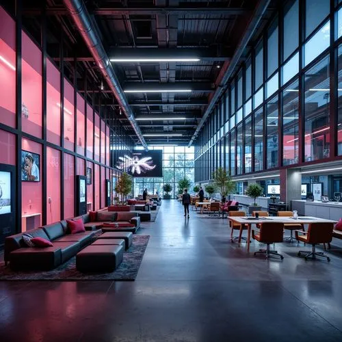 Sleek high-tech building interior, metallic surfaces, neon accents, futuristic furniture, minimalist decor, floor-to-ceiling windows, glass partitions, polished concrete floors, LED lighting systems, 