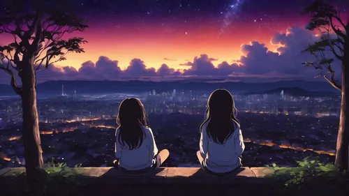 octans, sky, star (sky), scenery, starry sky, night, 1girl, night sky, solo, outdoors, building, cloud, milky way, sitting, tree, long hair, city, silhouette, cityscape --auto --s2,skygazers,skywatche