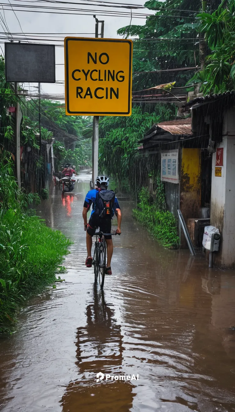 Amidst heavy rain, the signboard reads 'No cycling' near the flooded lanes.,cross-country cycling,road cycling,road bicycle racing,racing signs,cross country cycling,no riding,surface water sports,flo