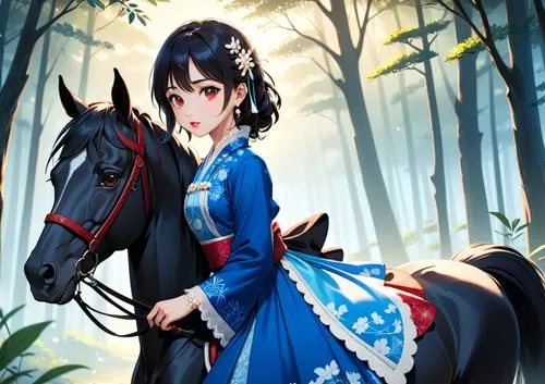 woman with pearl skin and red lip  on the black horse , traditional eastern blue satin dress with lace pattern , forest background , add background details with trees and lit through , early morning l