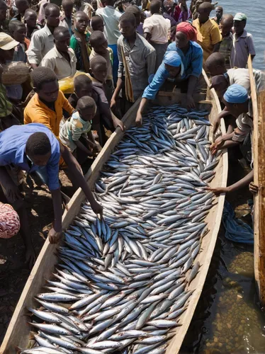 A crowd of fish traders forms around a boat at Lake Malawi laden with usipa, a species of small sardine-like fish that are dried and sold all over the country.,fish farm,fish market,commercial fishing