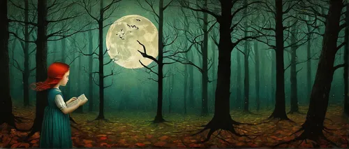 You were bitten by a mysterious creature in the haunted forest. Will you find a cure before it's too late?,girl with tree,halloween illustration,red riding hood,haunted forest,ballerina in the woods,r