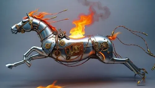 a mechatronic horse, made in the steampunk design, flaming mane ,a metal figurine with orange fire around it,fire horse,bronze horseman,firebrand,garrison,firespin,garridos,Illustration,Abstract Fanta