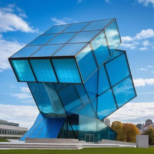 a modern museum, made with blue glass panels, in the middle ofcity,futuristic art museum,glass pyramid,macewan,ocad,futuroscope,morphosis,cubic house,solar cell base,libeskind,glass building,water cub