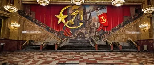 Soviet architecture style, grand monumental building, Moscow, Russia, brutalist concrete structure, intricate ornate details, hammer and sickle motif, red star emblem, imposing columns, grand staircas