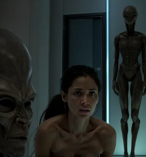 She is being stared at by tall aliens. She woman is sitting in a corner while the alien examines her.

Location: science lab,alien,aliens,et,extraterrestrial life,district 9,reptilians,extraterrestria