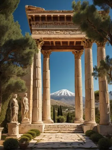 Ancient Greek-inspired building, Doric columns, ornate marble carvings, grandiose entrance, intricately designed frieze, statues of Olympian gods, symmetrical facade, bright blue sky, warm sunlight ca