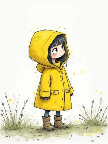 A captivating illustration featuring a small, beautiful chibi girl in a yellow raincoat, drawn in a minimalistic style inspired by the artistic talents of Ashley Wood, Bill Watterson, and Rafael Albuq