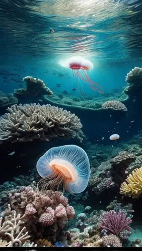 sea life underwater,sea animals,jellyfishes,cnidarians,chromatophores,great barrier reef,Realistic,Landscapes,Underwater Fantasy