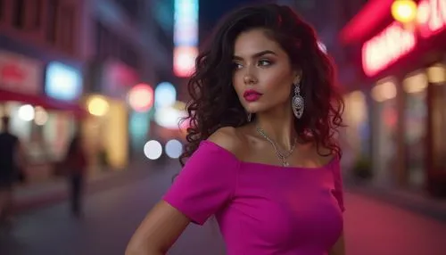 Vibrant fuchsia-colored, bold statement, fashionista, young woman, confident pose, bright lipstick, curly hair, dangling earrings, off-the-shoulder dress, stiletto heels, city street, nighttime, neon 