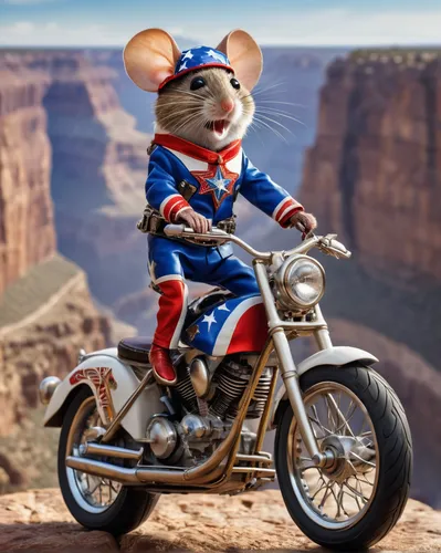 Crete a picture of a fashionable well dressed anthropomorphic mouse dressed as Evel Knievel jumping the grand canyon on a motorcycle
,motorcycle racer,motorcycle racing,grand prix motorcycle racing,mo