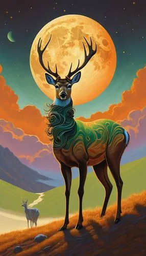 An abstract digital illustration of a multicoloured deer standing on a golden hillside with a curly orange ribbon tied around its neck against a brown background. The deer is facing to the right with 