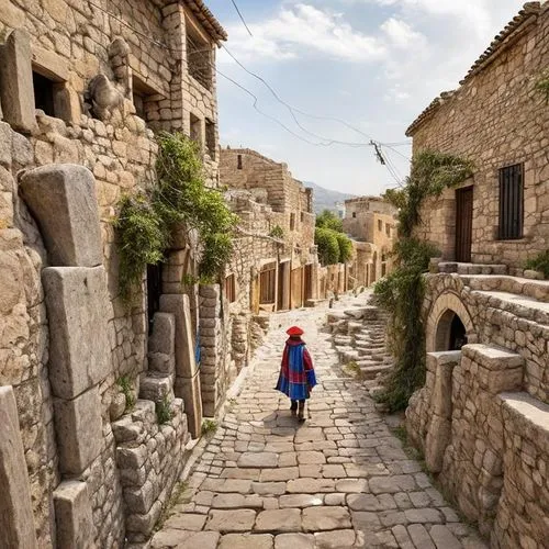 Through the human eye, a street in ancient Mycenae reveals a tapestry of architectural and daily life details. The eye first catches the sight of the broad, stone-paved road, its irregular slabs worn 