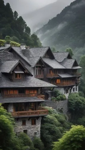 Valley, mountainous landscape, grandeur architecture, luxurious villa, steeply pitched roof, architectural shingles, dark grey color, interlocking design, multiple layers, waterproof underlayment, woo