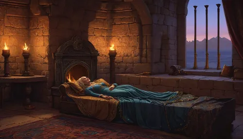 sleeping beauty castle,romantic scene,four poster,romantic night,the sleeping rose,fantasy picture,four-poster,sleeping room,sleeping beauty,fairy tale,fairytale,a fairy tale,fairytales,rapunzel,fairy tale castle,thrones,3d fantasy,castle of the corvin,resting,fireplaces,Art,Classical Oil Painting,Classical Oil Painting 10