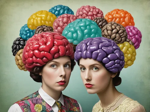 Imagine a comedy sketch where jelly bean brains are the new fashion trend.,brigadeiros,heads,ball fortune tellers,russian dolls,curlers,headwear,colorful balloons,hairdressing,hats,mushrooms,vintage m