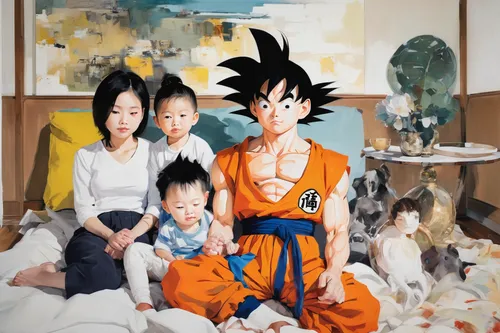 son goku,takikomi gohan,happy family,dragonball,dragon ball,family portrait,harmonious family,goku,generations,family anno,dragon ball z,families,parents with children,a family harmony,fathers and sons,happy fathers day,happy father's day,diverse family,family photos,the dawn family,Conceptual Art,Oil color,Oil Color 01