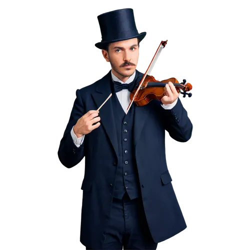 Historical musician, male, Victorian era, formal wear, top hat, monocle, bushy mustache, holding violin, classic orchestra background, warm lighting, shallow depth of field, cinematic composition, sof