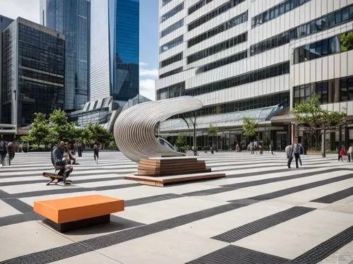 a busy urban seating with landscape and people,steel sculpture,public art,costanera center,public space,cape town cbd,chatswood,street furniture,potsdamer platz,paved square,sculpture park,financial d