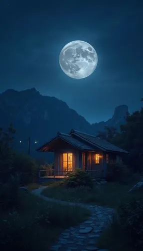 moonlit night,moonlit,lonely house,full moon,moonlight,blue moon,Illustration,Vector,Vector 03