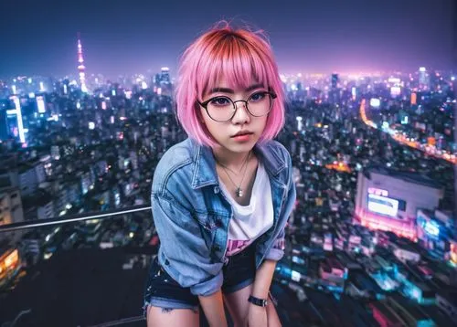 pink hair,tokyo ¡¡,pink glasses,pink round frames,cyberpunk,taipei,colorful city,anime girl,tokyo,tokyo city,asia girl,hong,above the city,harajuku,city ​​portrait,japanese kawaii,asian vision,fuki,anime japanese clothing,kawaii girl,Illustration,Japanese style,Japanese Style 05