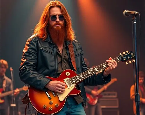 Un hombre alto, de unos 20 años de edad, cabellos largos y lisos de color rojizo, barba, chaqueta de cuero estilo años 1970 y con lentes de aviador, toca la guitarra en frente del público. Él está toc