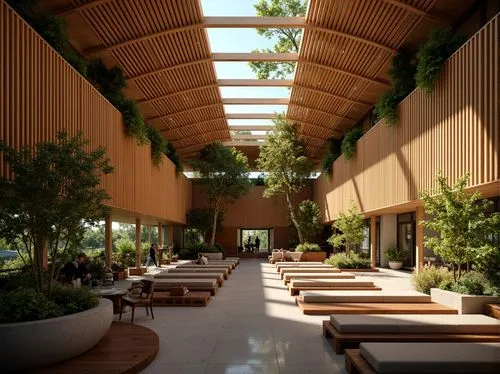 Elegant music venue, natural ventilation system, rustic wooden beams, earthy tone walls, organic architecture style, lush greenery, living walls, breathing facade, wind catchers, clerestory windows, s