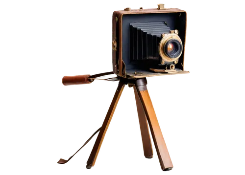 Authentic, vintage film camera, old photograph, worn leather case, brass lens, wooden tripod, nostalgic atmosphere, soft focus, warm color tone, shallow depth of field, natural lighting, 3/4 compositi