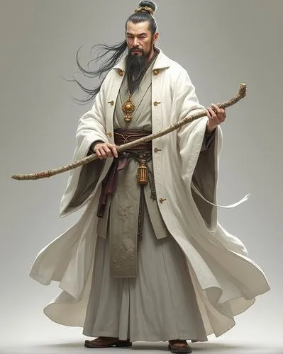 character sheet, fullbody, a handsome and epic old Chinese Taoist with a white cloak, Handheld staff, jewelry pendant, Chinese classical pattern, Epic sense, temperament, ultra high definition details