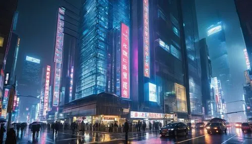 Soa Architecture, futuristic building, sleek lines, glass facade, metallic accents, neon lights, Tokyo cityscape, night scene, busy streets, towering skyscrapers, holographic advertisements, rainy atm