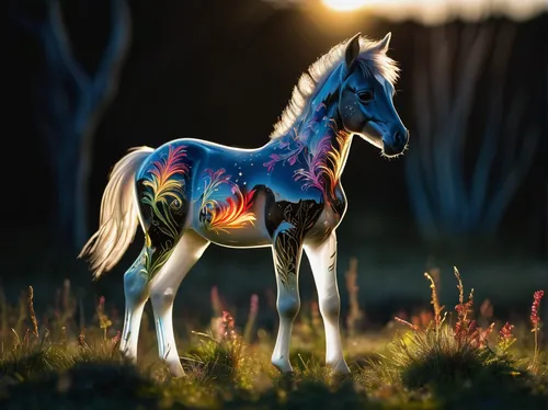 Describe a playful iceland foal in a sunny meadow.,painted horse,colorful horse,unicorn art,foal,dream horse,equine,iceland horse,arabian horse,australian pony,iceland foal,appaloosa,portrait animal h