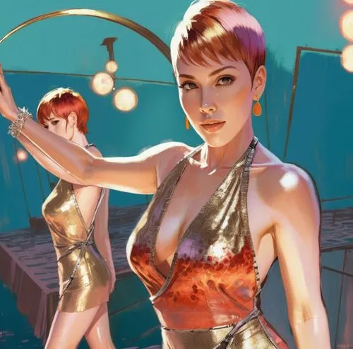 two  young ladies in gold dresses pose,giganta,triss,pinu,antiope,retro woman,retro women,Illustration,Realistic Fantasy,Realistic Fantasy 25