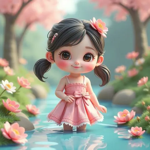 cute cartoon character,cute cartoon image,little girl in pink dress,japanese doll,flower background,dollfus