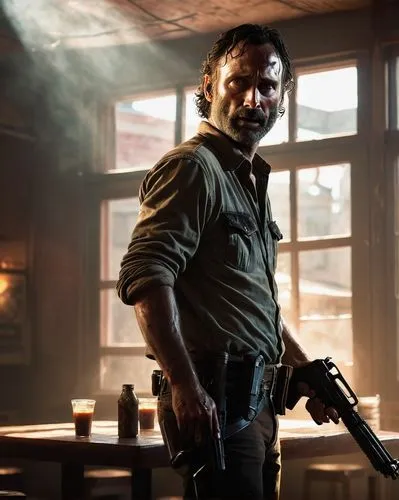 Rick Grimes holding a gun standing in the corner of cafe with minimal lighting, only light coming in from the window, dust flying around, dramatic lighting, surrounded by zombies,daryl,tyreese,kirkman