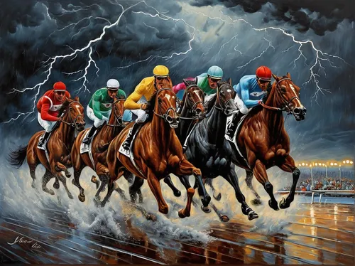 horse racing,horse race,horsemen,harness racing,bay horses,steeplechase,oil painting on canvas,jockey,horse herd,flat racing,horseman,horse riders,dire straits,horse running,chariot racing,horsepower,oil painting,racehorse,oil on canvas,dog racing,Illustration,Realistic Fantasy,Realistic Fantasy 40